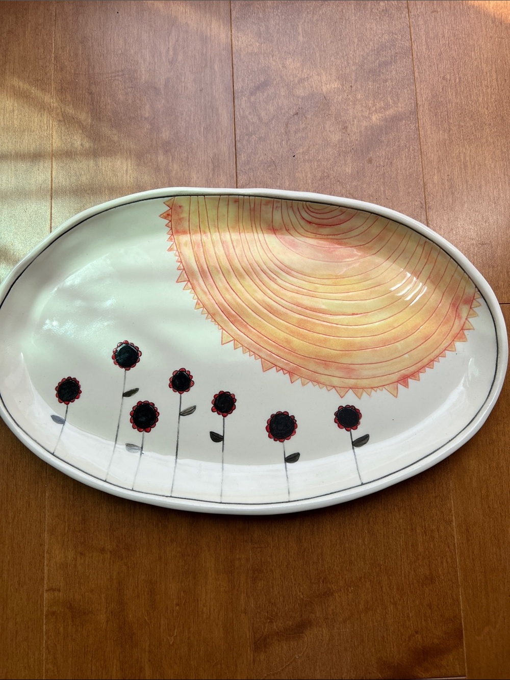 Hand-Painted Oval Serving Platter with Sun & Flowers